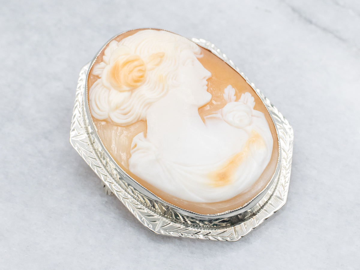 1920s Engraved White Gold Cameo Brooch or Pendant