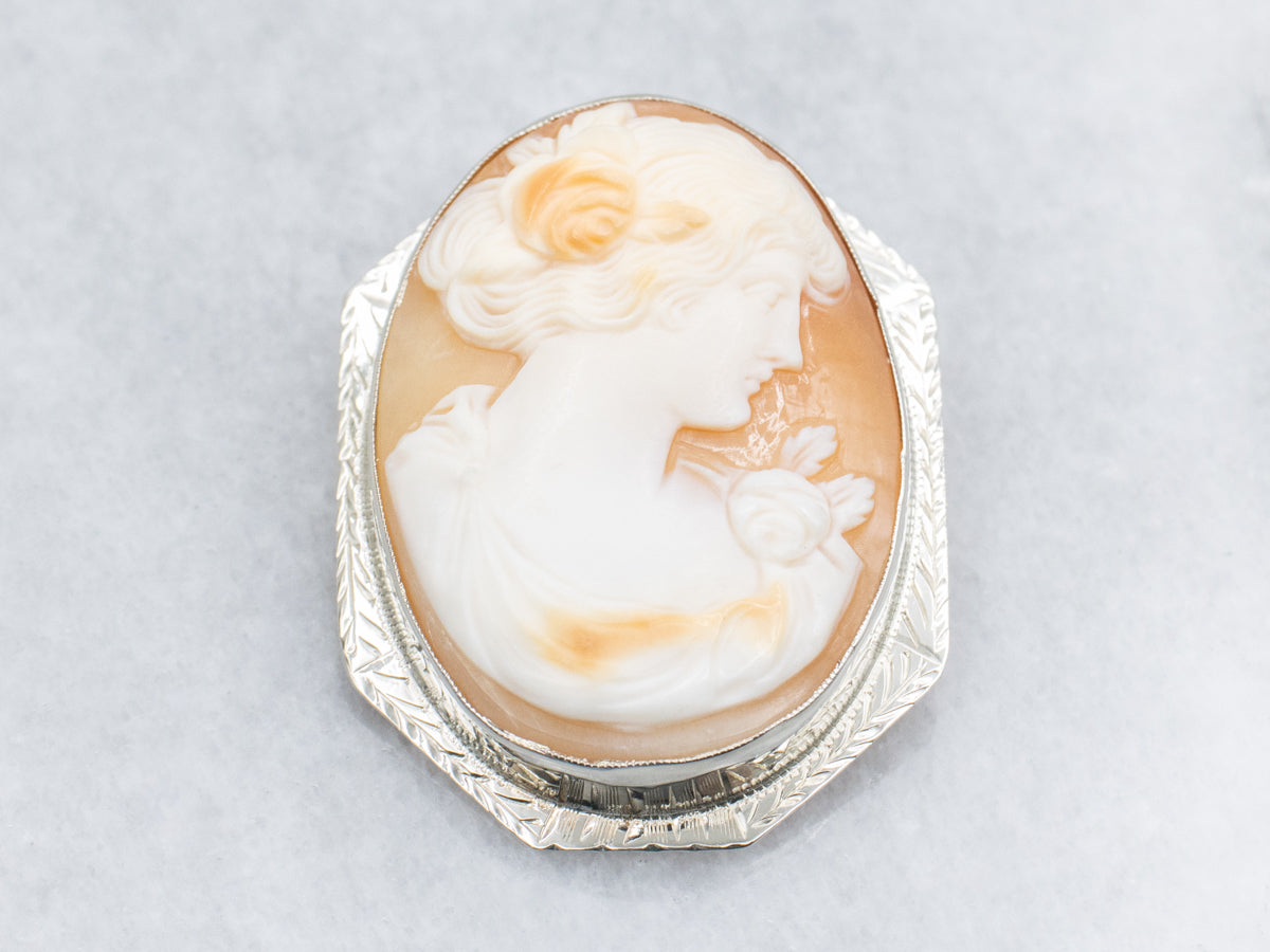1920s Engraved White Gold Cameo Brooch or Pendant