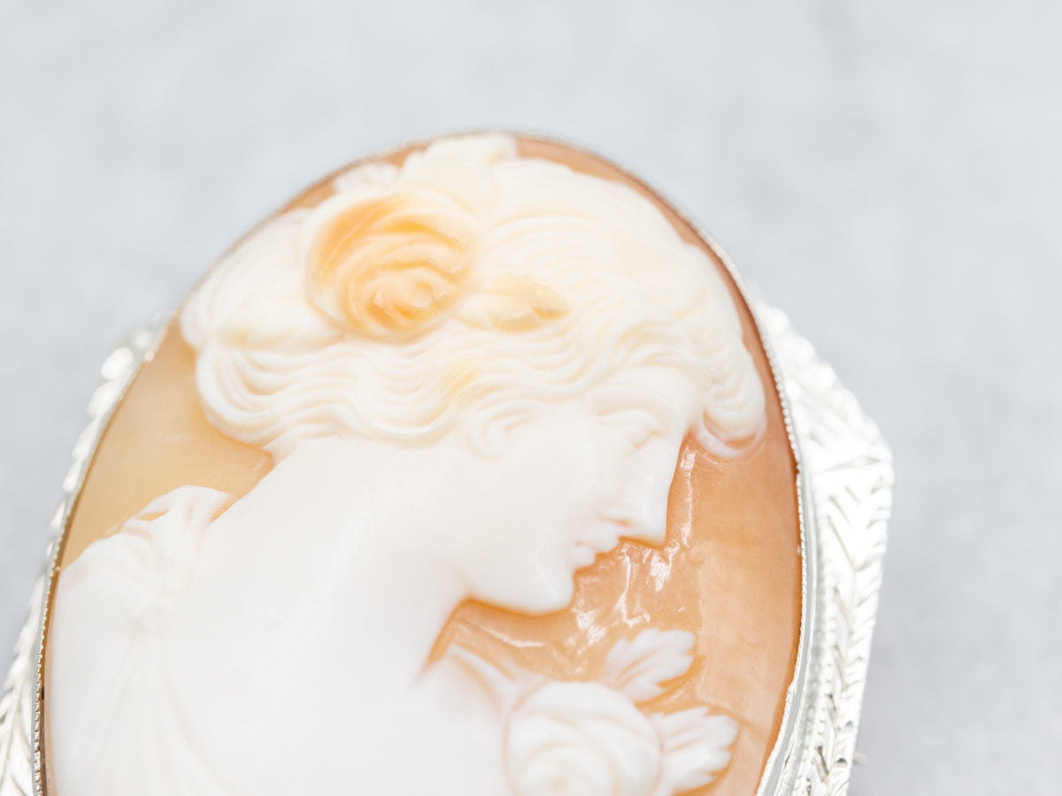 1920s Engraved White Gold Cameo Brooch or Pendant