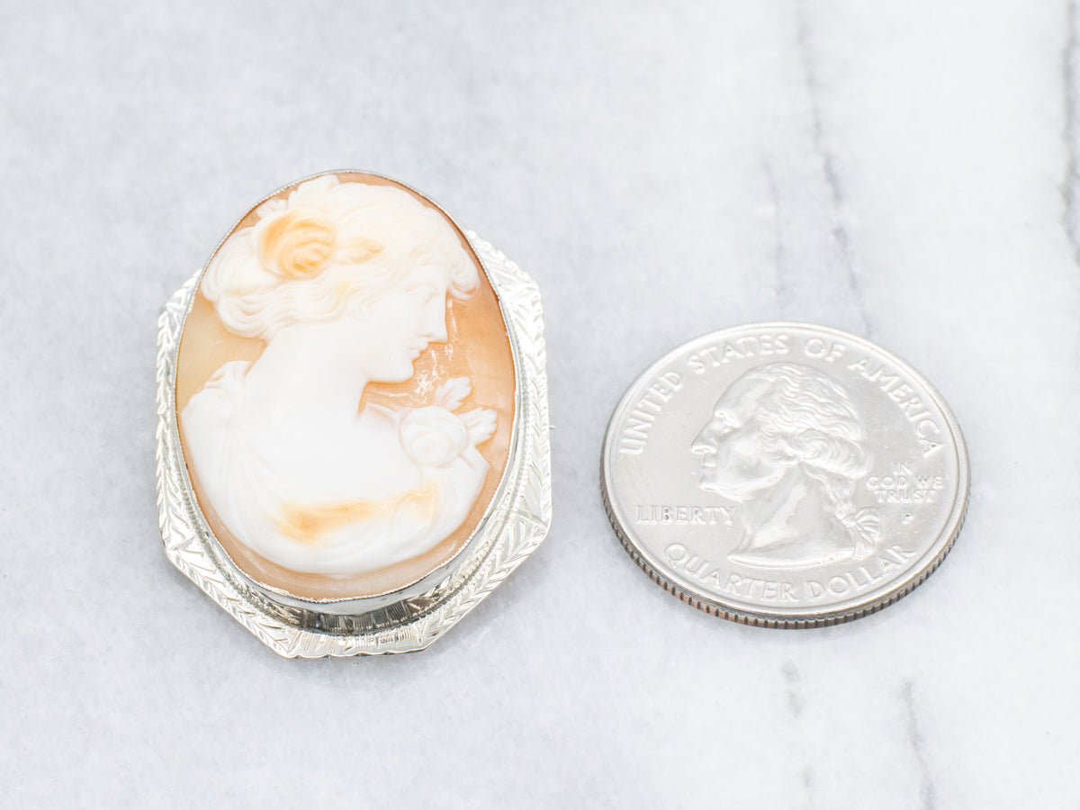 1920s Engraved White Gold Cameo Brooch or Pendant