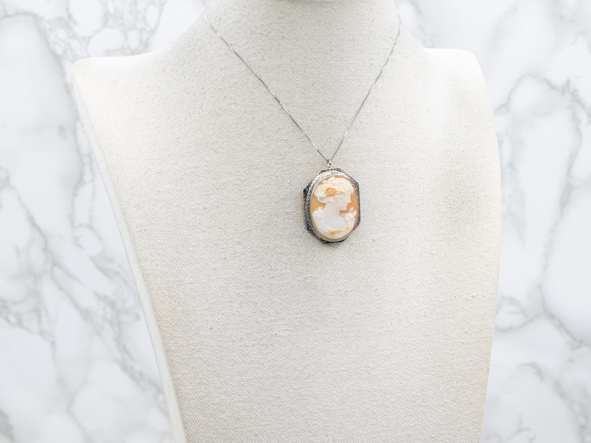 1920s Engraved White Gold Cameo Brooch or Pendant