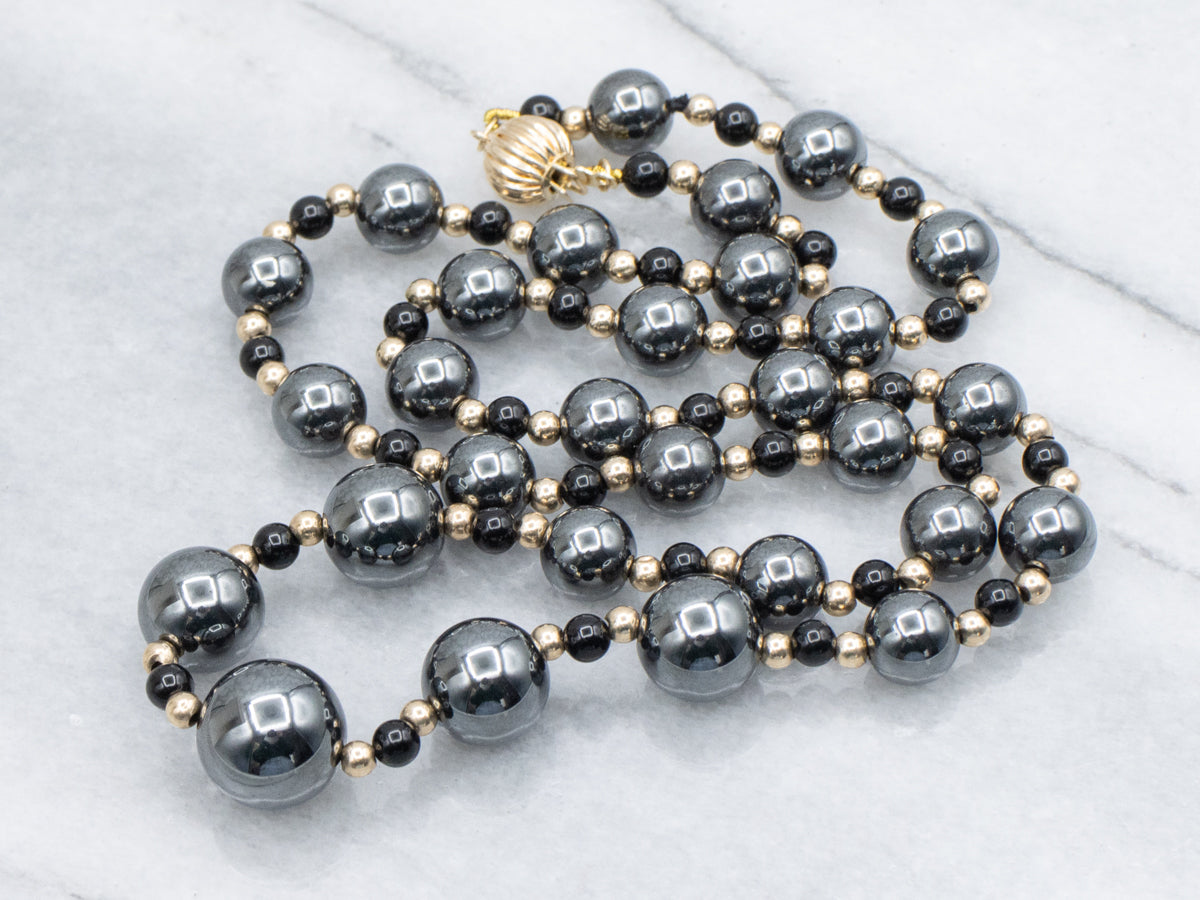 Vintage Hematite and Onyx Gold Beaded Necklace
