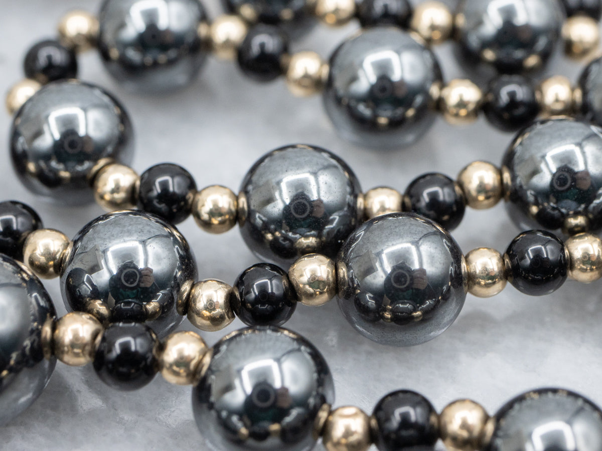Vintage Hematite and Onyx Gold Beaded Necklace