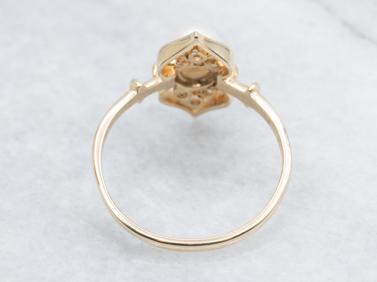 Pearl and Diamond Open Work Yellow Gold Ring
