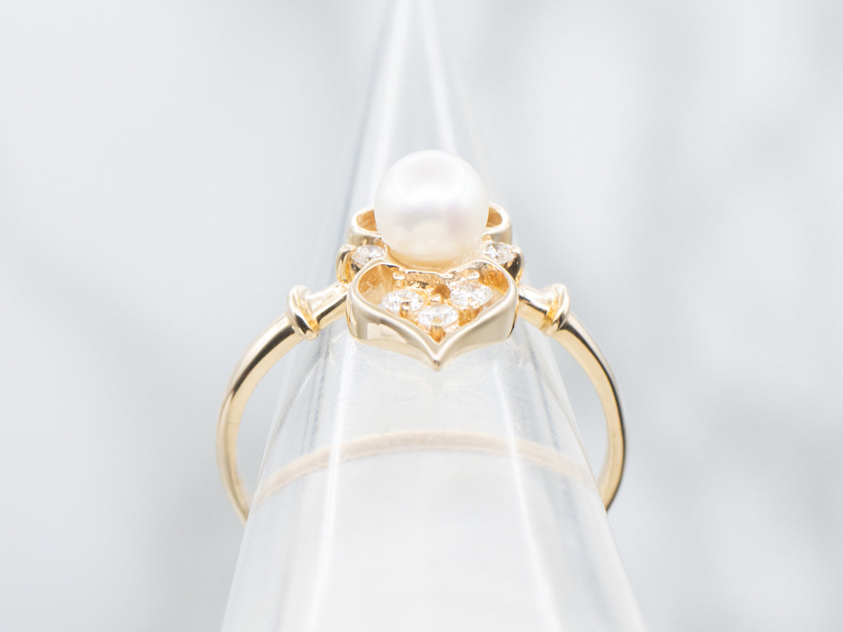 Pearl and Diamond Open Work Yellow Gold Ring