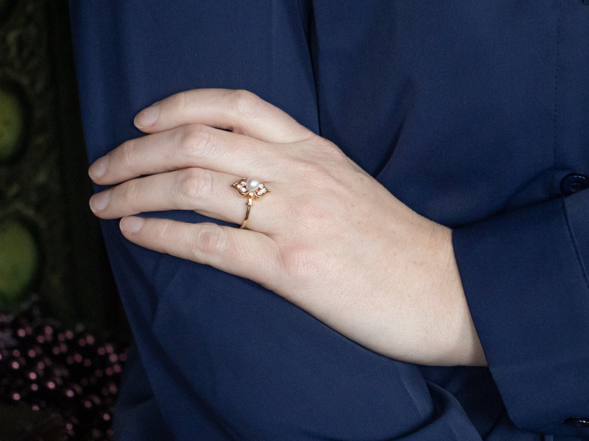 Pearl and Diamond Open Work Yellow Gold Ring