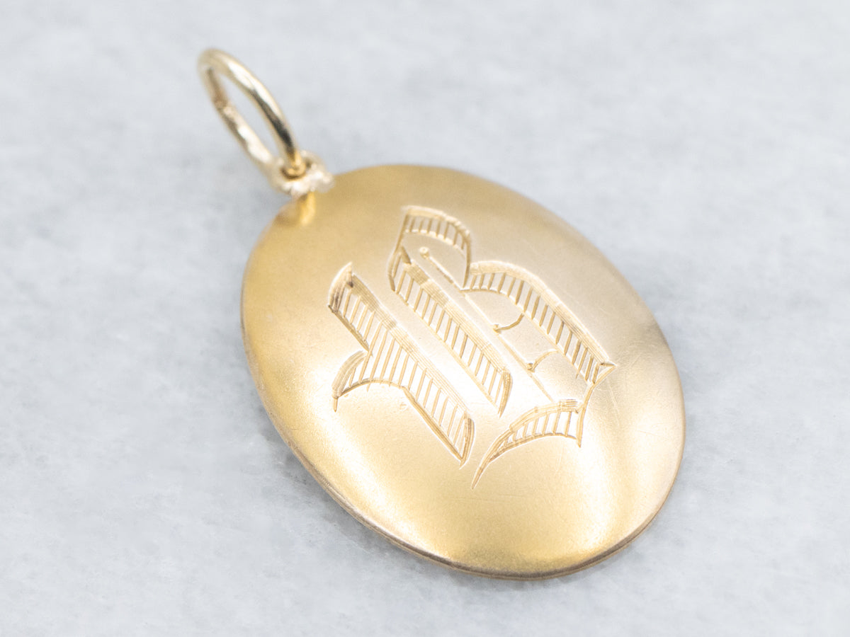 Engraved Old English Initial "B" Oval Yellow Gold Pendant