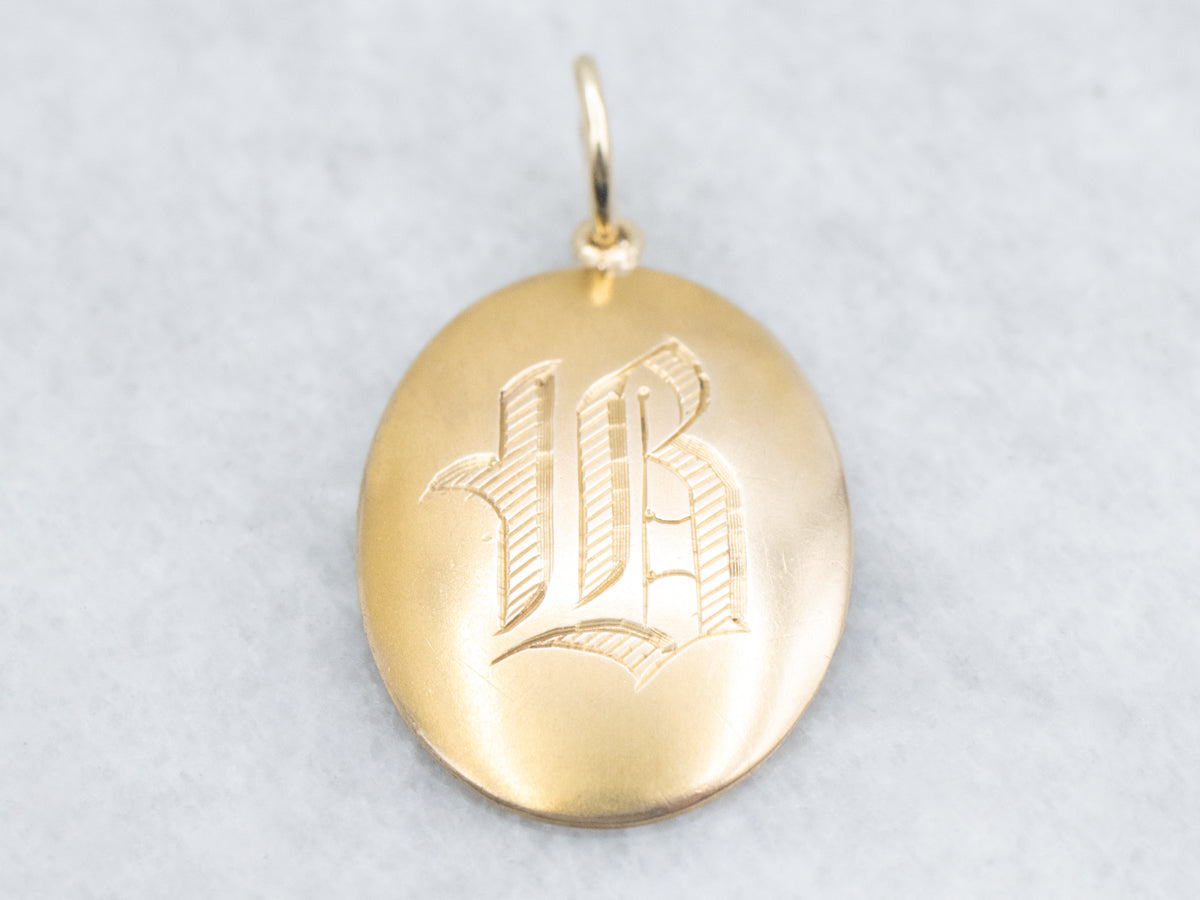 Engraved Old English Initial "B" Oval Yellow Gold Pendant