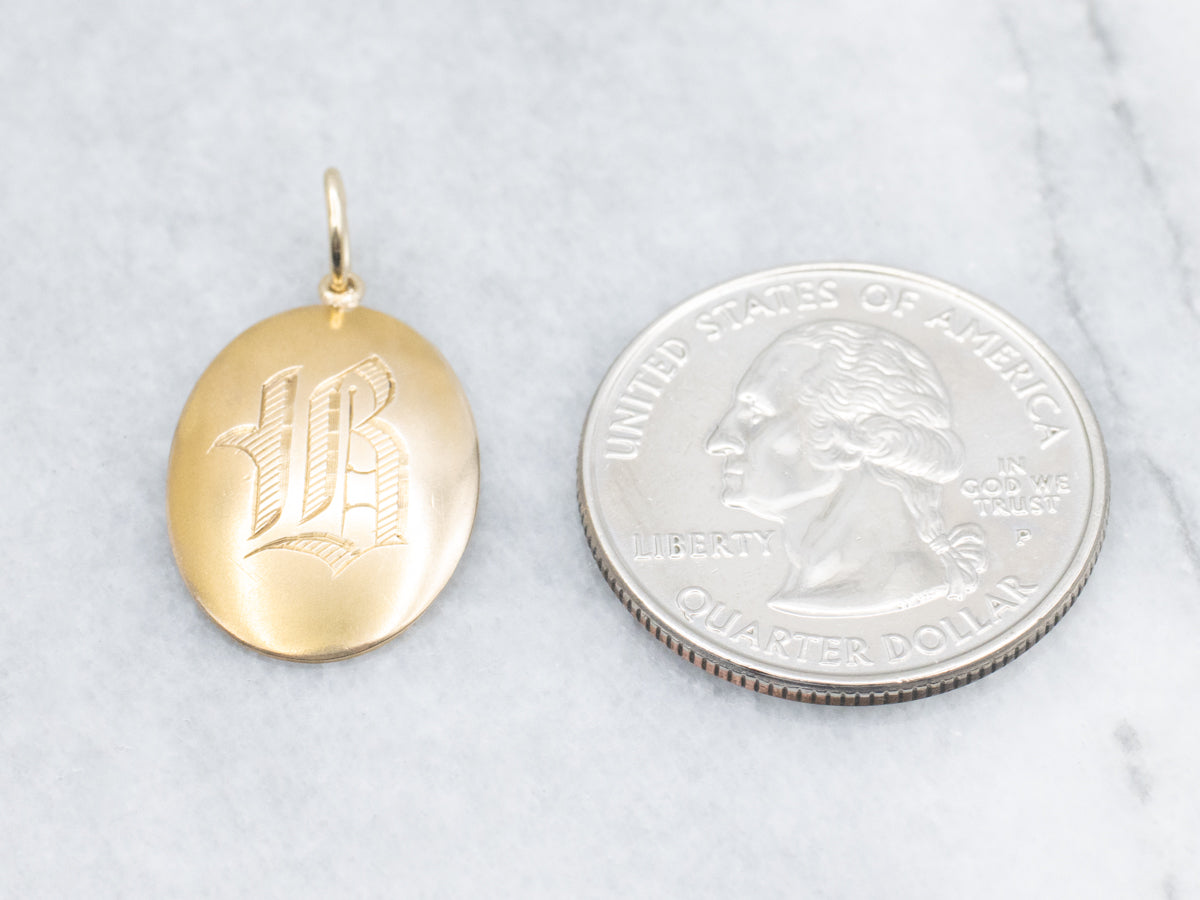 Engraved Old English Initial "B" Oval Yellow Gold Pendant
