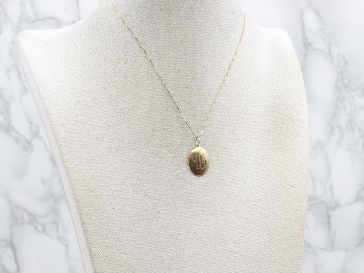 Engraved Old English Initial "B" Oval Yellow Gold Pendant