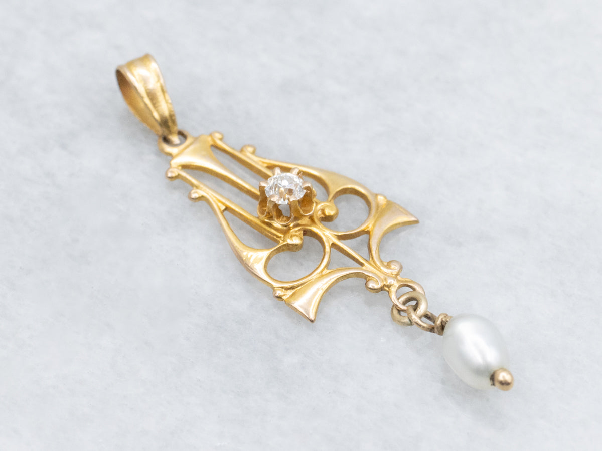 Old Mine Cut Diamond and Freshwater Pearl Antique Gold Lavalier Pendant