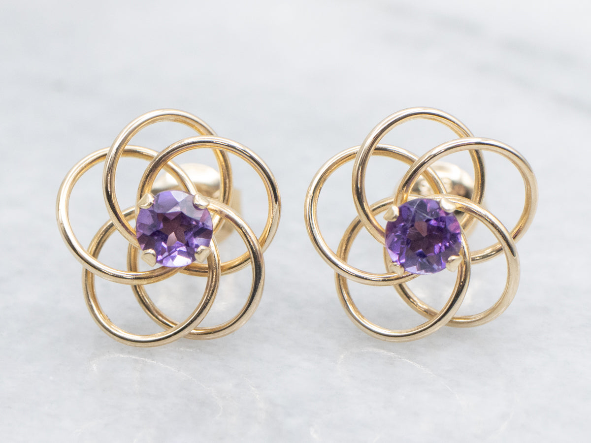 Looping Polished Gold Amethyst Stud Earrings