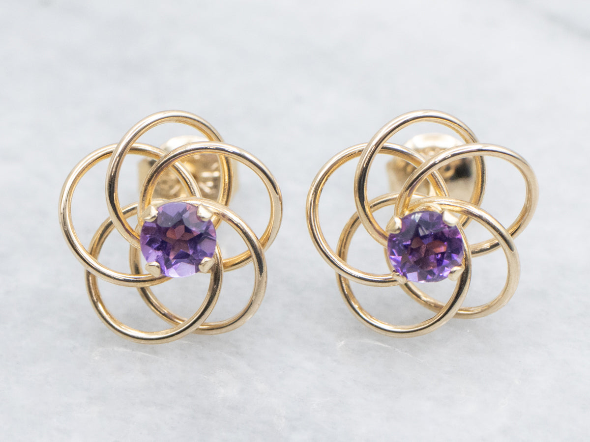Looping Polished Gold Amethyst Stud Earrings