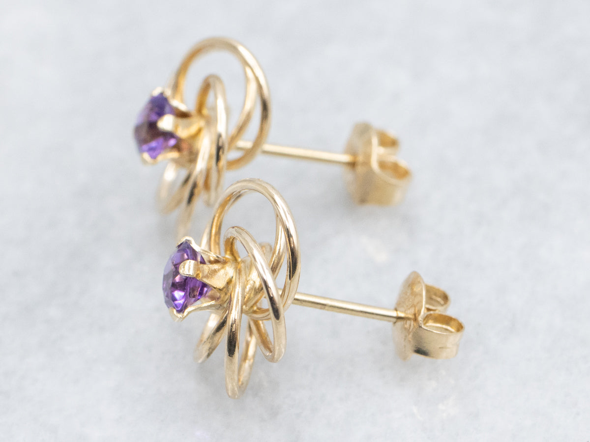 Looping Polished Gold Amethyst Stud Earrings