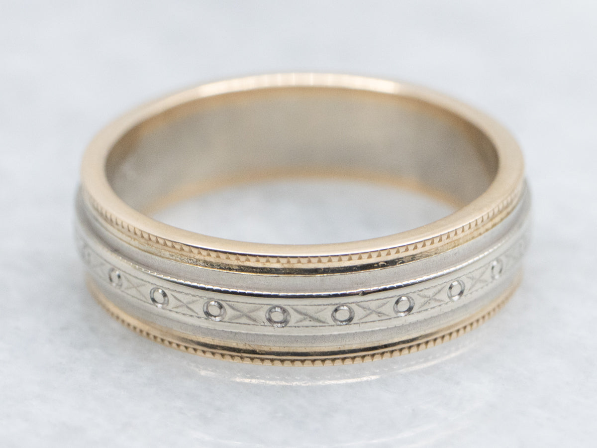 Vintage Two-Tone Gold X and O Patterned Band with Milgrain Edge