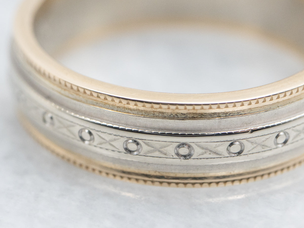 Vintage Two-Tone Gold X and O Patterned Band with Milgrain Edge