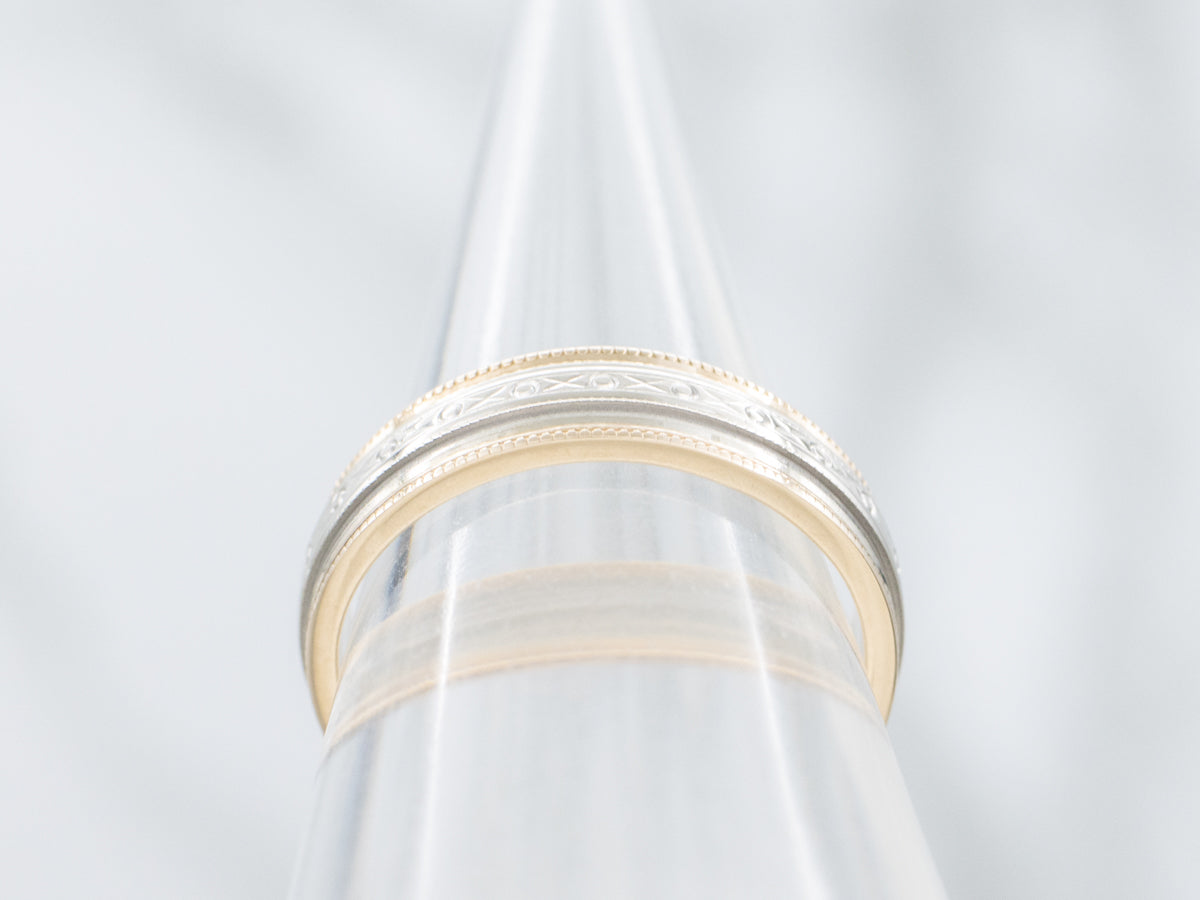 Vintage Two-Tone Gold X and O Patterned Band with Milgrain Edge