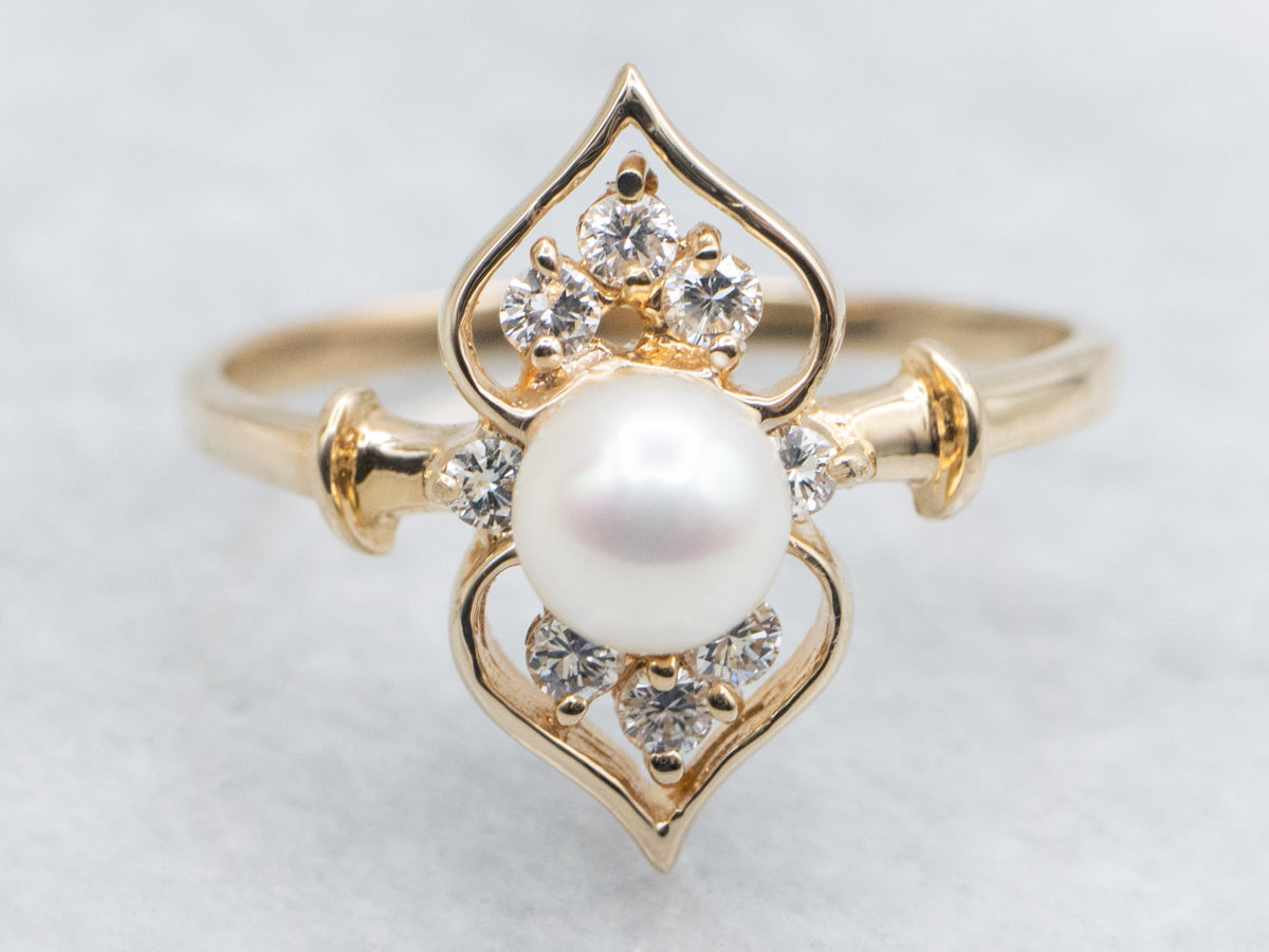 Pearl and Diamond Open Work Yellow Gold Ring