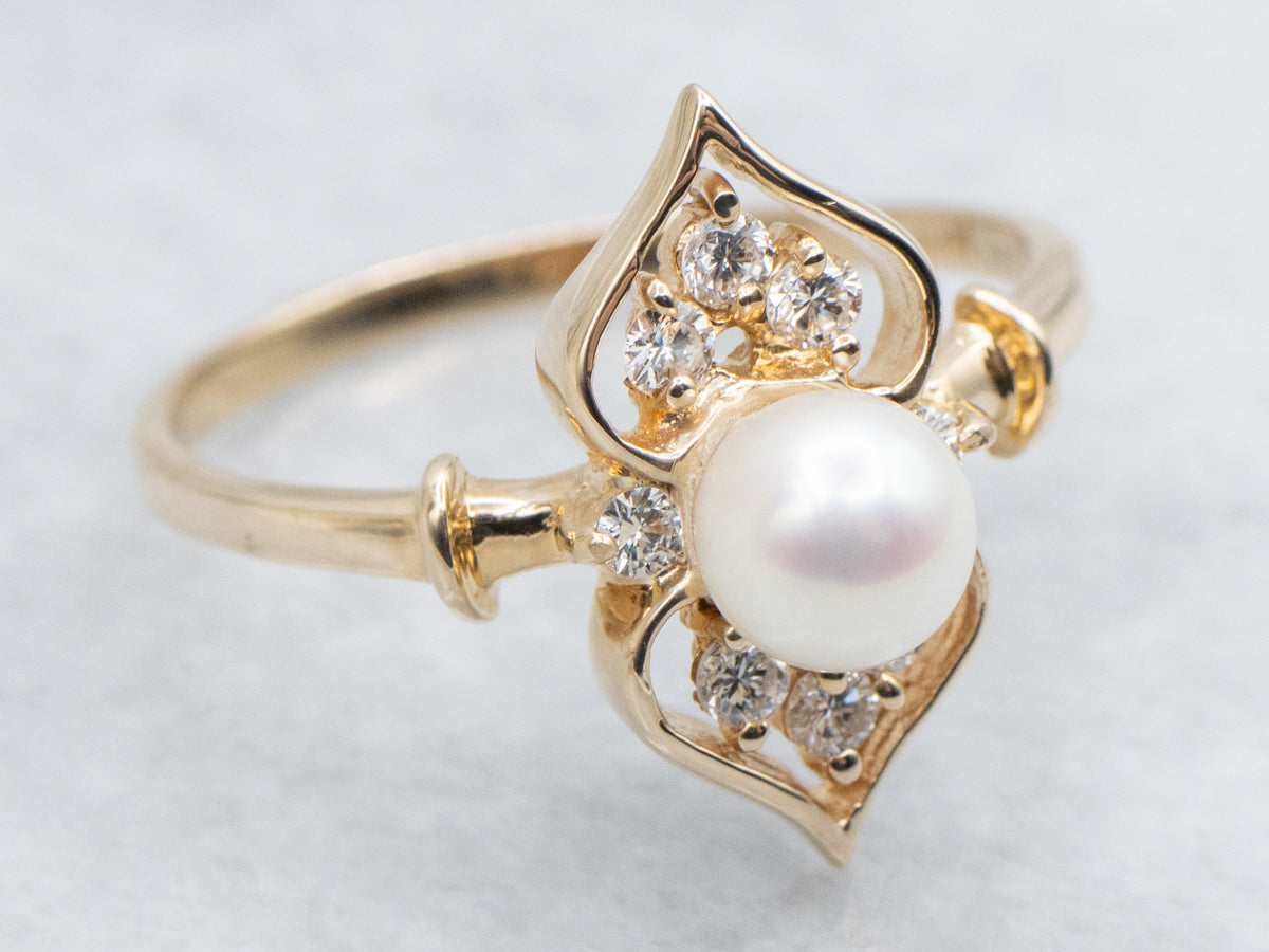 Pearl and Diamond Open Work Yellow Gold Ring