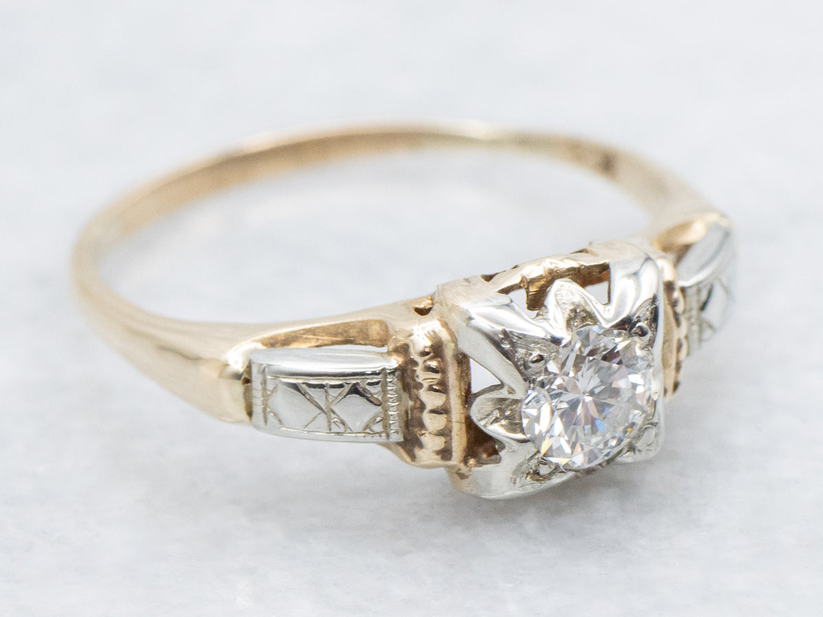 Illusion Set 1940s Diamond Engagement Ring with Etched Details
