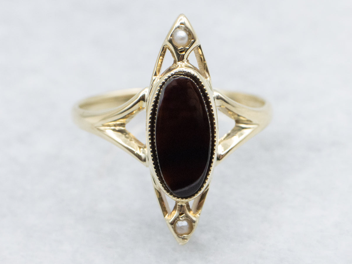Vintage Black Onyx and Seed Pearl Navette Ring