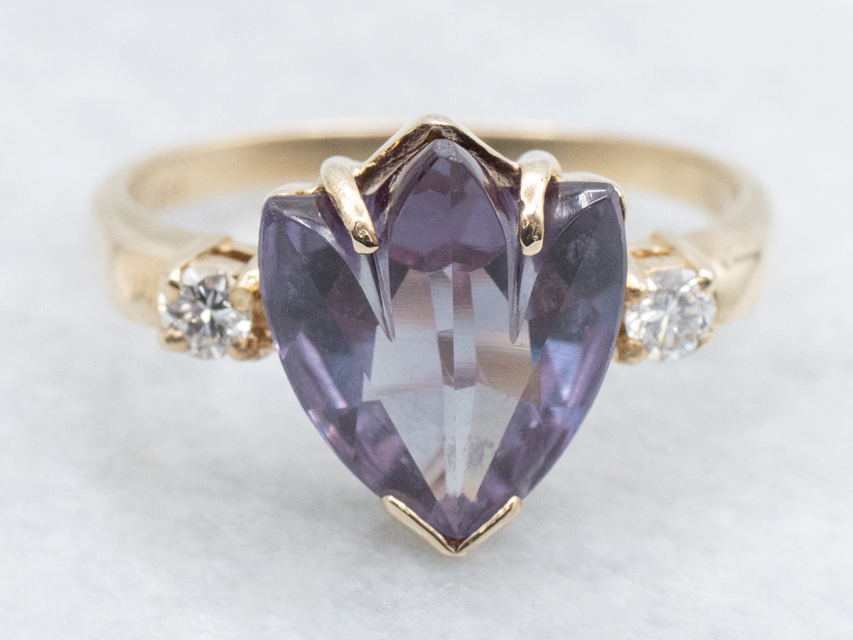 Carved Tulip-Shaped Synthetic Alexandrite and Diamond Vintage Gold Ring