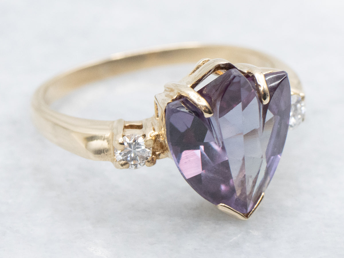 Carved Tulip-Shaped Synthetic Alexandrite and Diamond Vintage Gold Ring