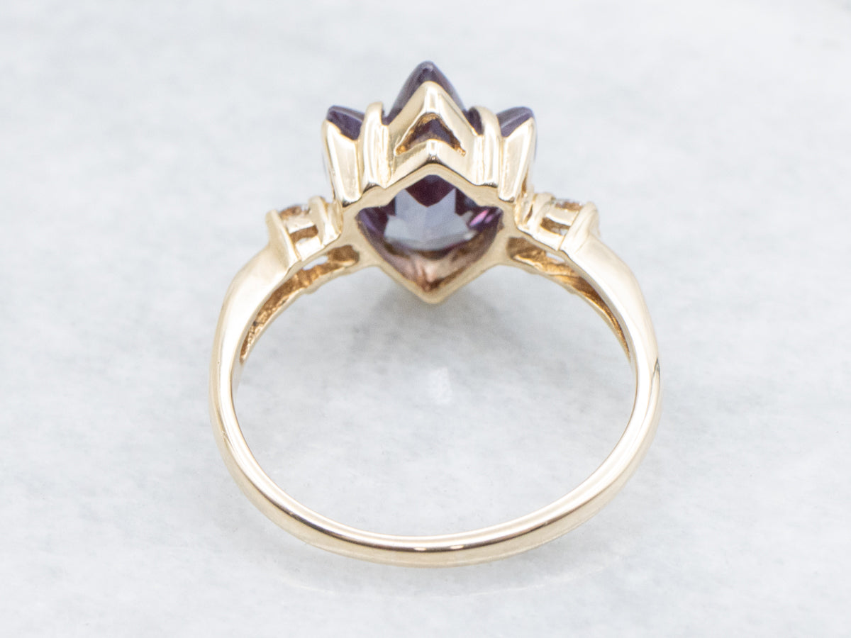 Carved Tulip-Shaped Synthetic Alexandrite and Diamond Vintage Gold Ring