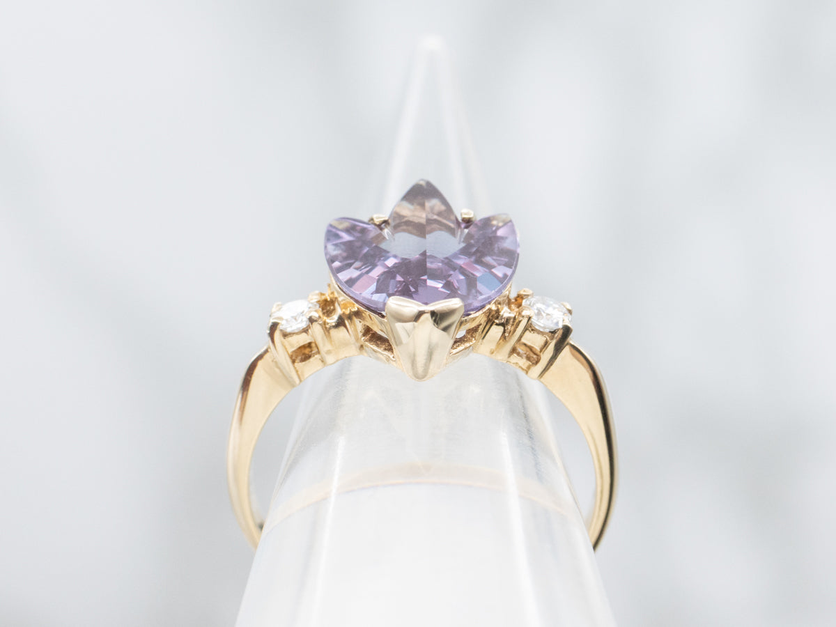 Carved Tulip-Shaped Synthetic Alexandrite and Diamond Vintage Gold Ring