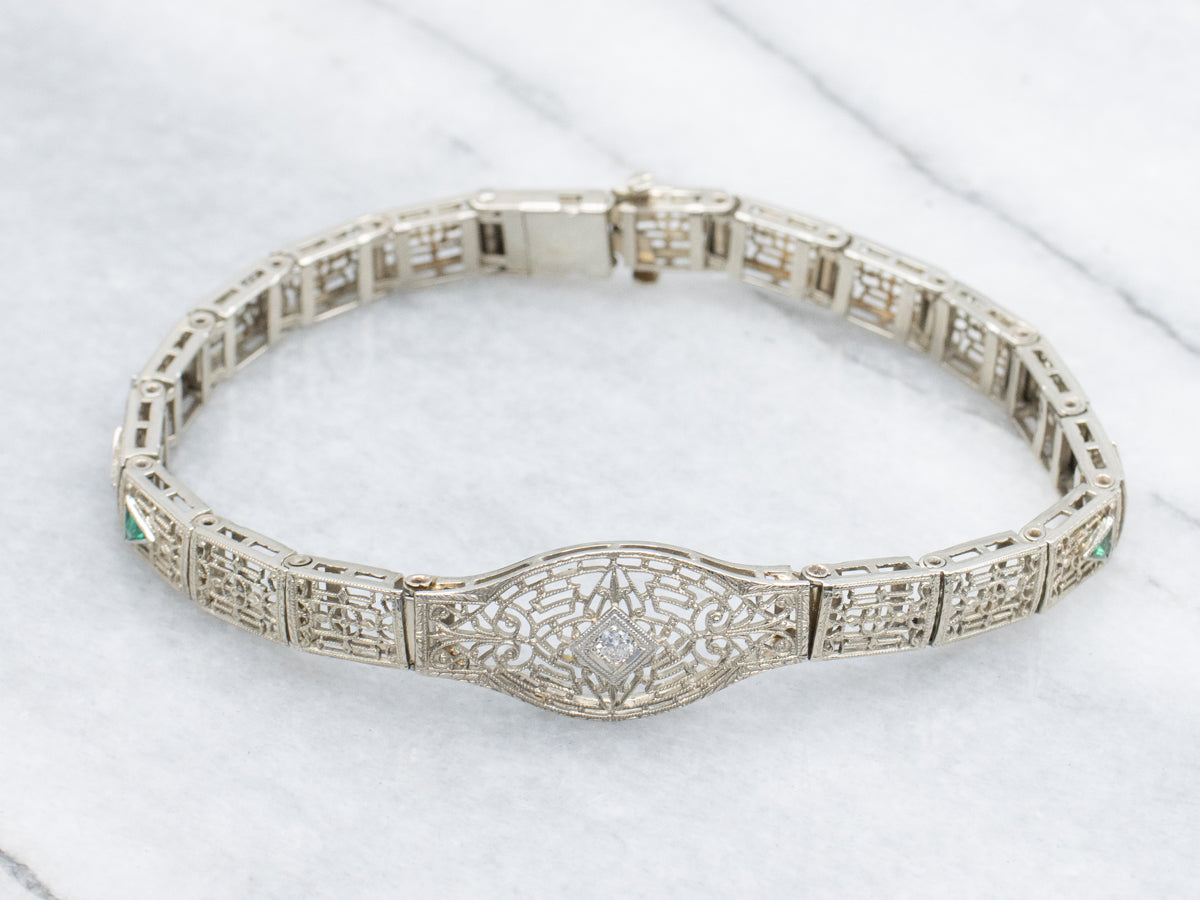 Old Mine Cut Diamond and Emerald Doublet White Gold Art Deco Bracelet