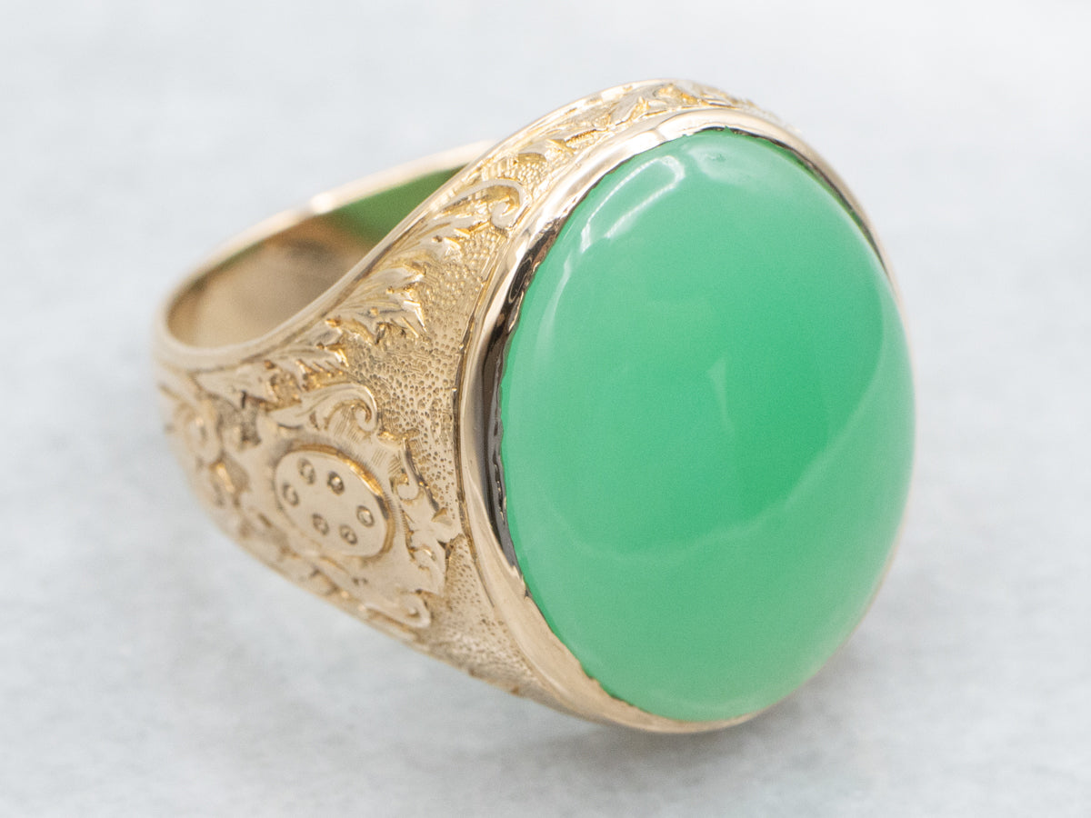 Men's Bezel-Set Chrysoprase Ornate Gold Statement Ring