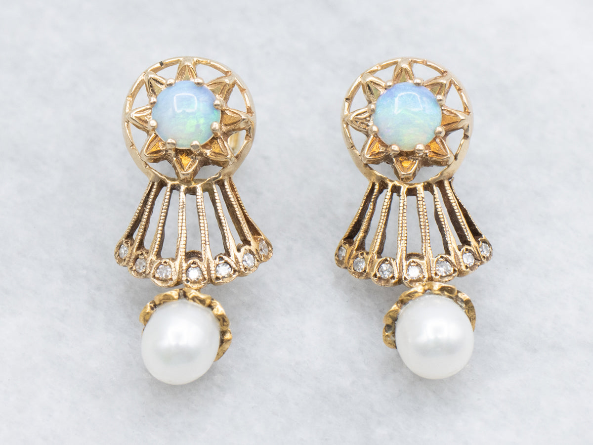 Ornate Opal and Pearl Gold Drop Earring with Diamond Accents