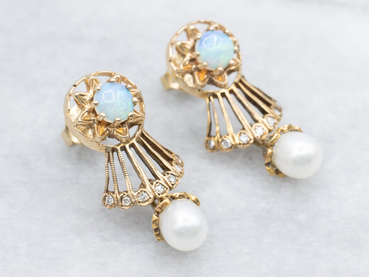 Ornate Opal and Pearl Gold Drop Earring with Diamond Accents