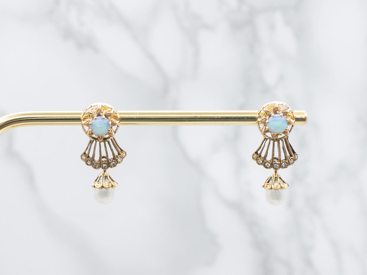 Ornate Opal and Pearl Gold Drop Earring with Diamond Accents
