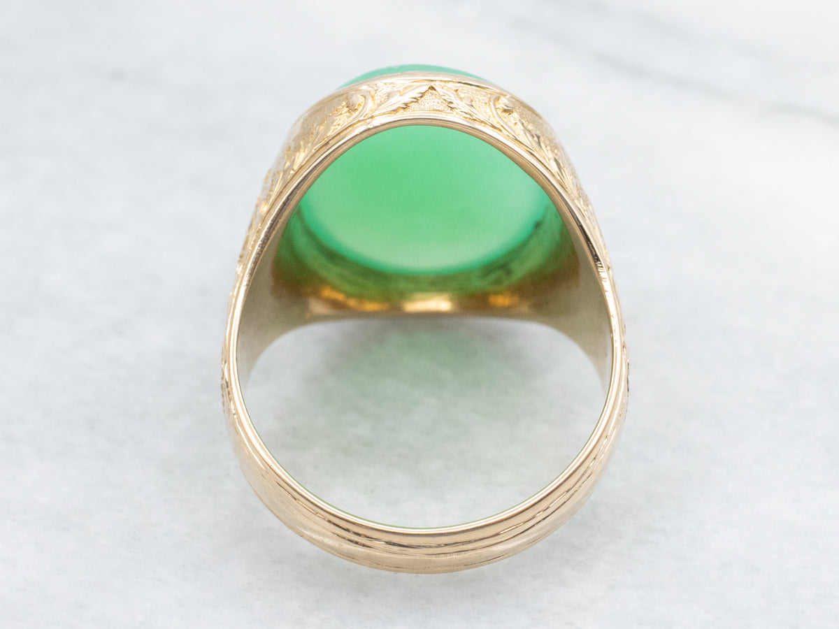 Men's Bezel-Set Chrysoprase Ornate Gold Statement Ring