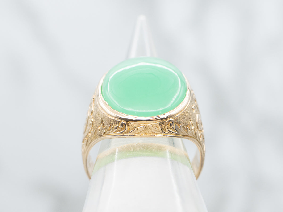 Men's Bezel-Set Chrysoprase Ornate Gold Statement Ring