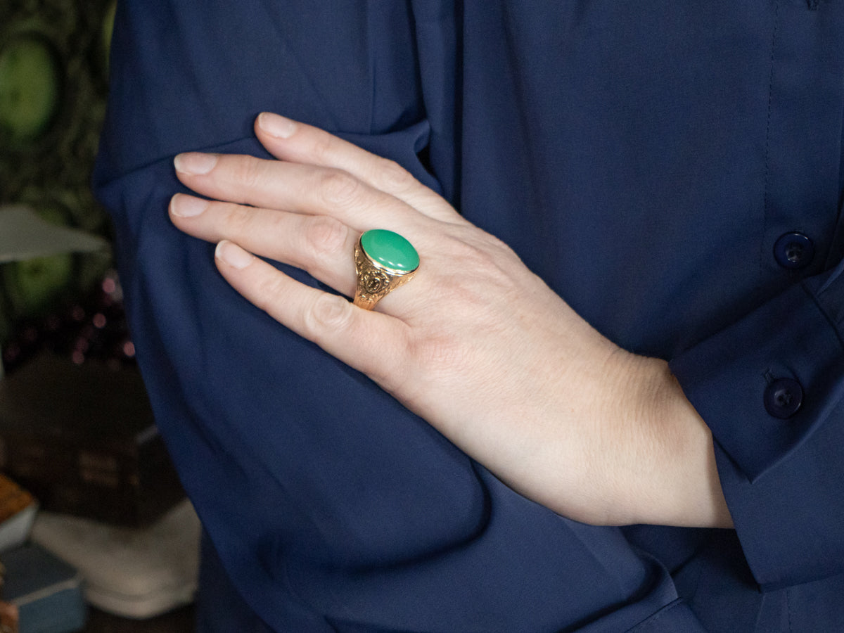 Men's Bezel-Set Chrysoprase Ornate Gold Statement Ring