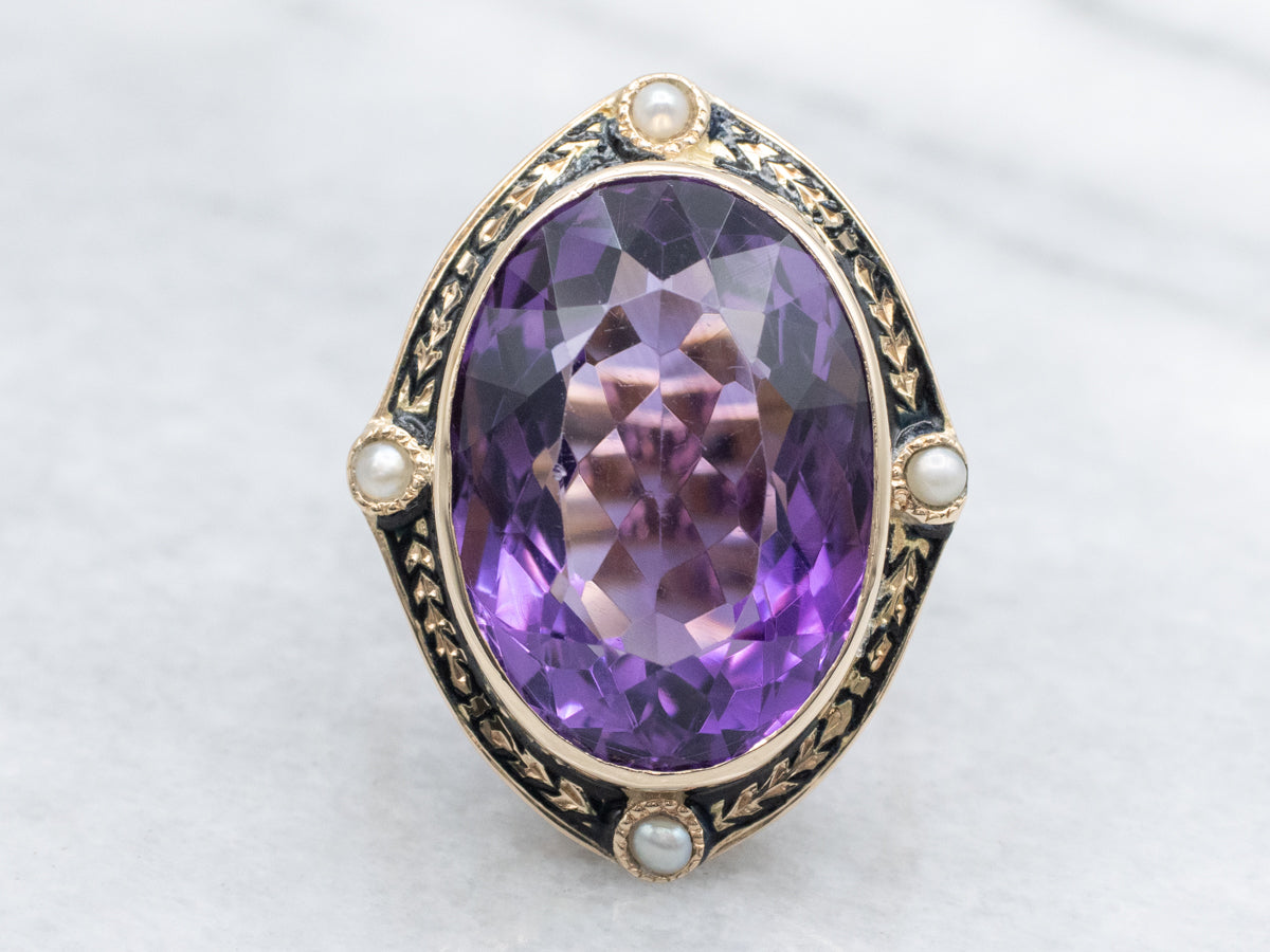Antique Black Enamel Amethyst and Pearl Statement Ring