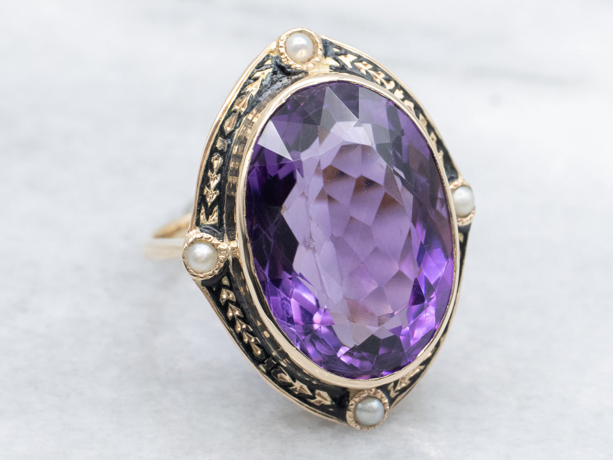 Antique Black Enamel Amethyst and Pearl Statement Ring