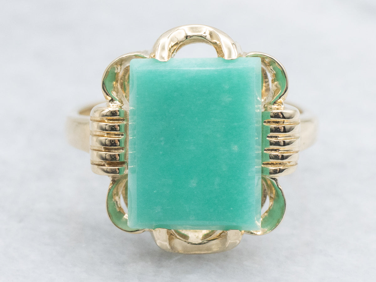 Emerald-Cut Aventurine in Vintage 1940s Solitaire Gold Setting