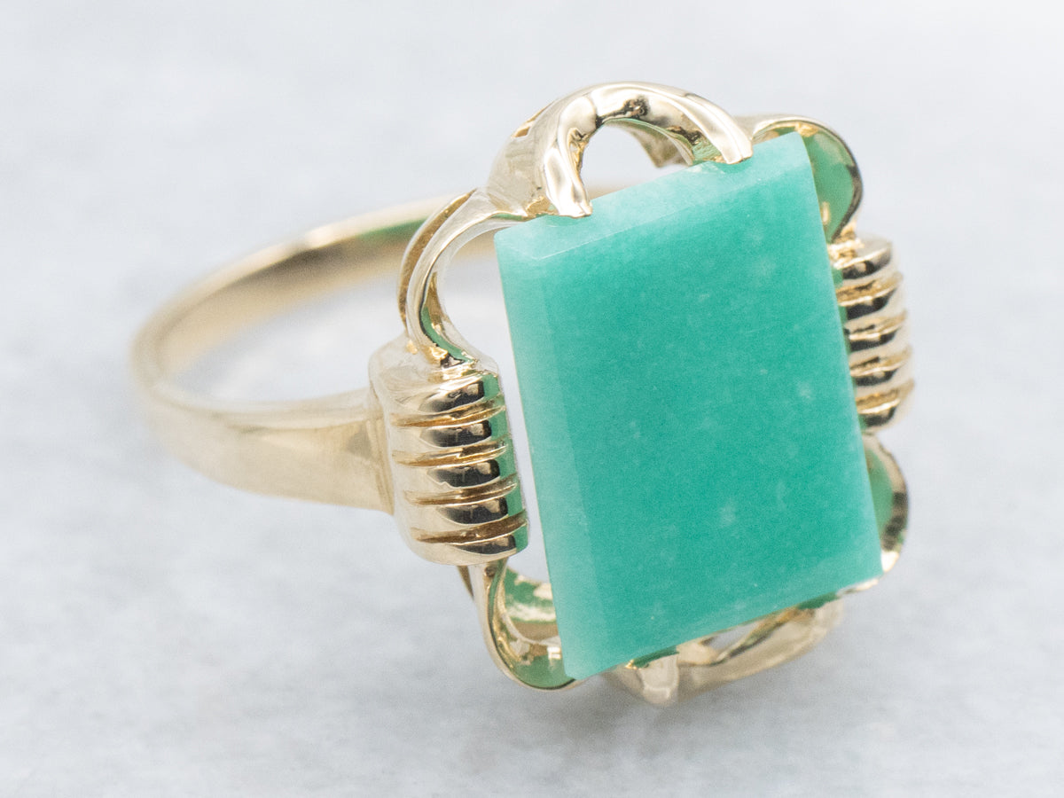 Emerald-Cut Aventurine in Vintage 1940s Solitaire Gold Setting