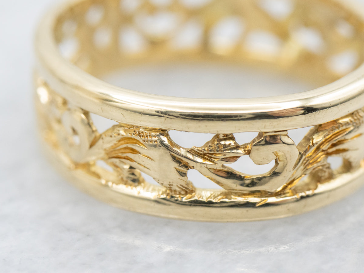 Pierced Scrolling Vine Pattern Vintage Gold Band