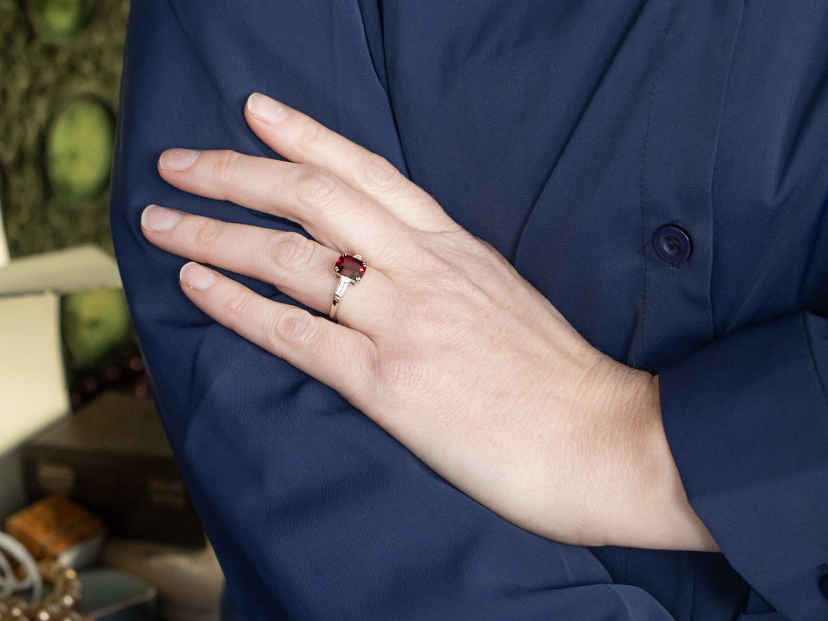 Garnet and Baguette-Cut Diamond Three Stone Ring