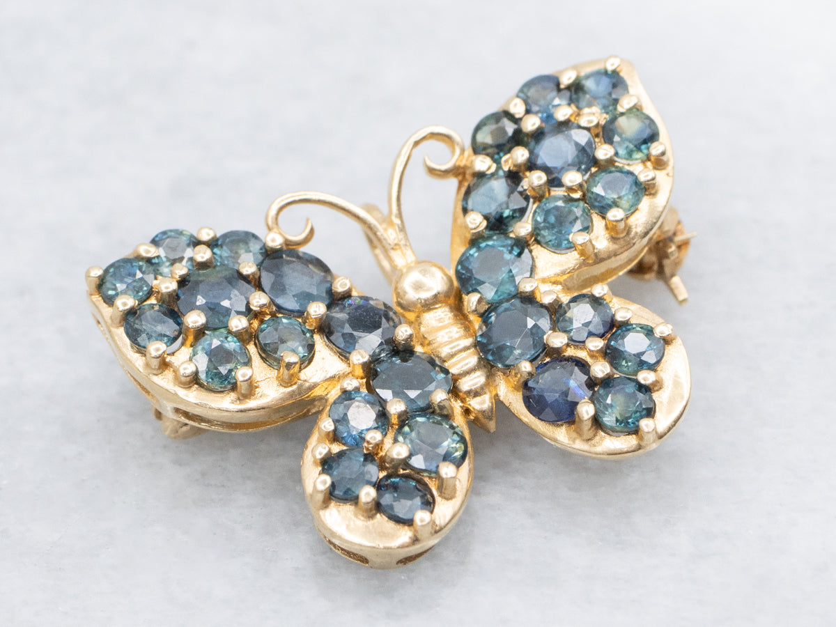 Sapphire Cluster Yellow Gold Butterfly Pin or Pendant