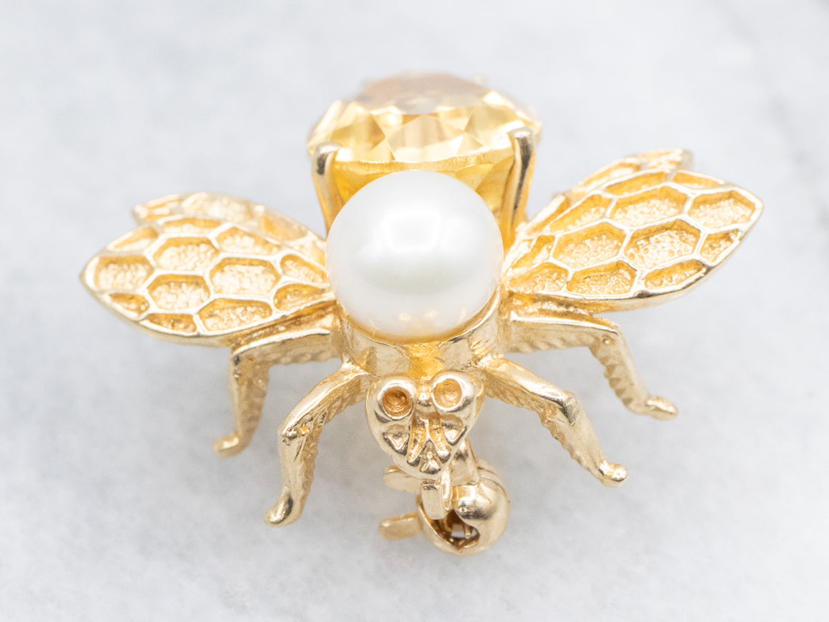 Citrine and Pearl Yellow Gold Bumblebee Pin or Pendant