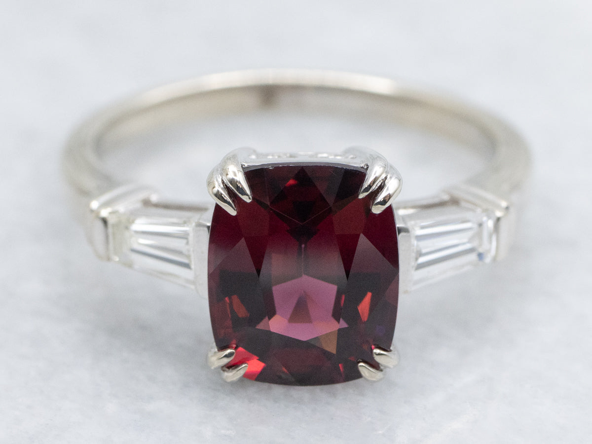 Garnet and Baguette-Cut Diamond Three Stone Ring