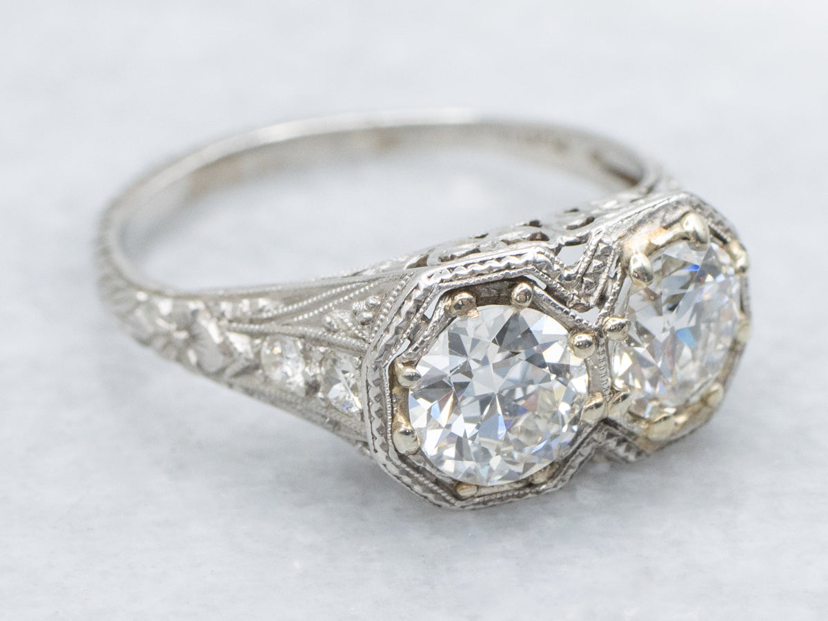 Platinum Old European Cut Double Diamond Art Deco Era Ring