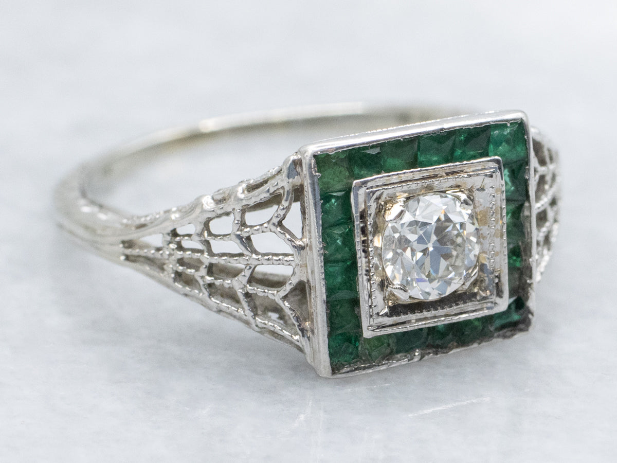 Art Deco Era Old European Cut Diamond and Emerald Halo Engagement Ring