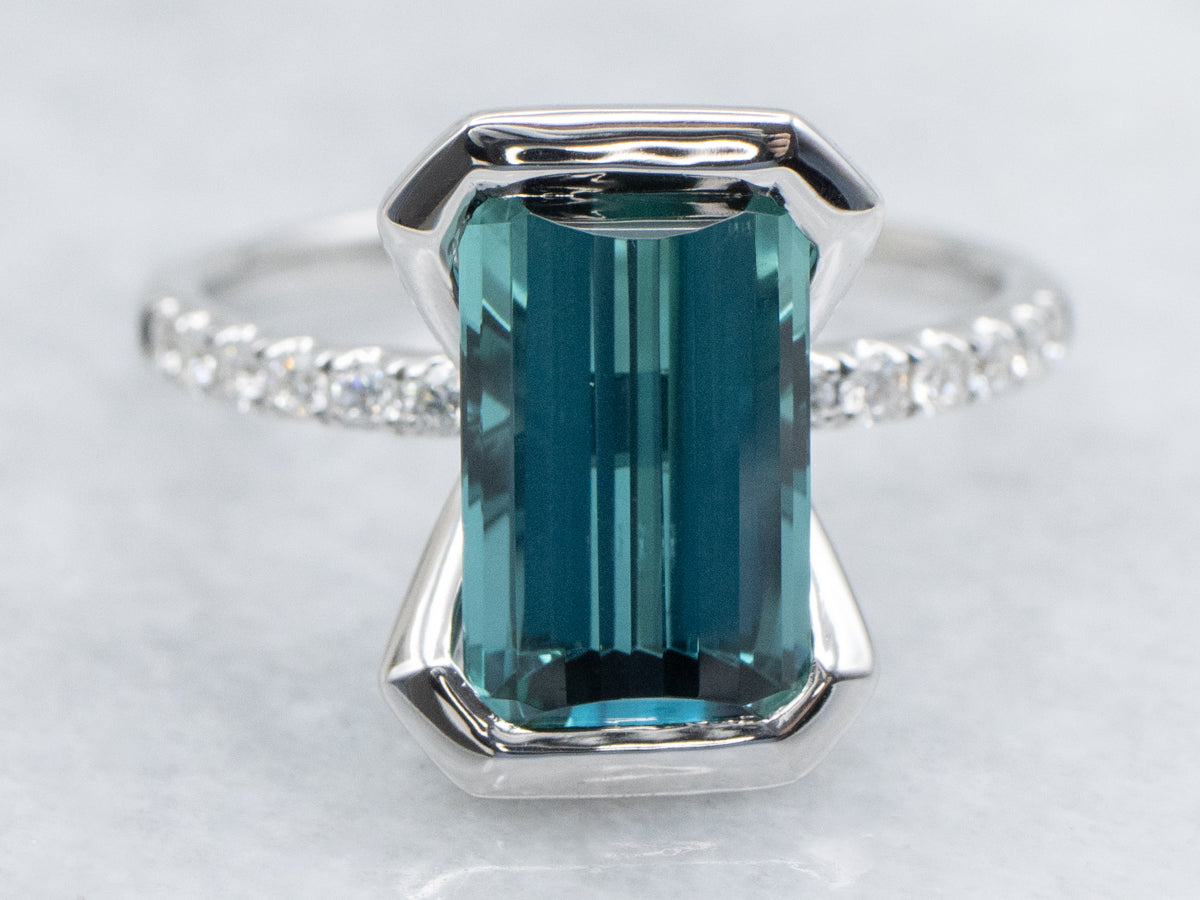 Modern Indicolite Tourmaline and Diamond Ring