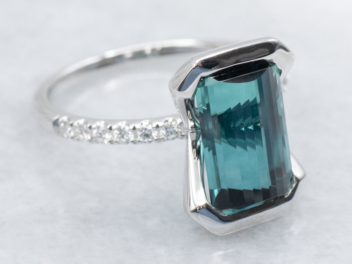 Modern Indicolite Tourmaline and Diamond Ring